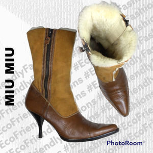 Miu Miu Women's Brown Leather Pointed Toe Knee High Suede Boots Sz 38.5